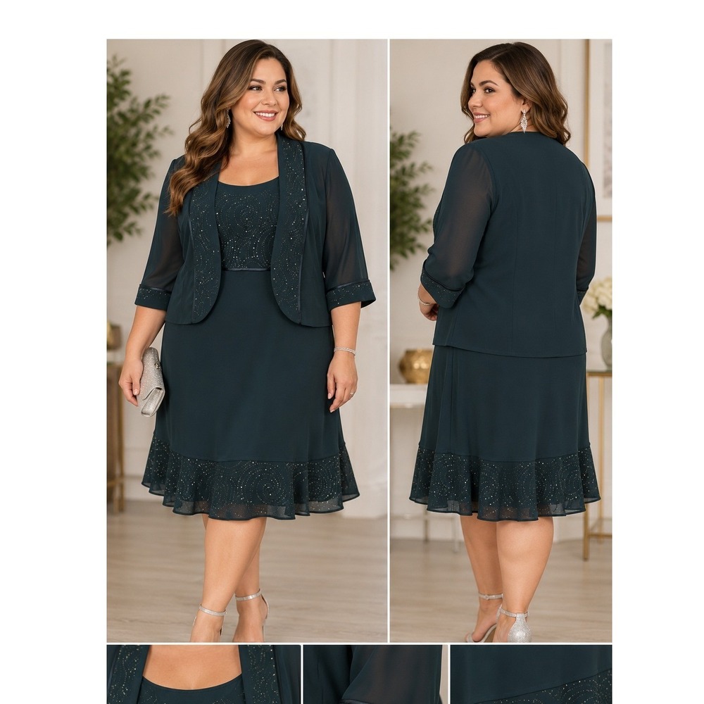Dana Kay Womens 18W 2 Piece Dress Set Dark Teal Glitter Swirl Jacket Formal